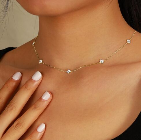 Dainty Lucky Leaf Necklace for Women 925 Sterling Silver Trendy 14K Gold Plating Cute White CZ Flowers Pendant Choker Necklaces to Daughter Mom Minimalist Stackable Chain Wedding Prom Brides Jewelry in Saudi Arabia