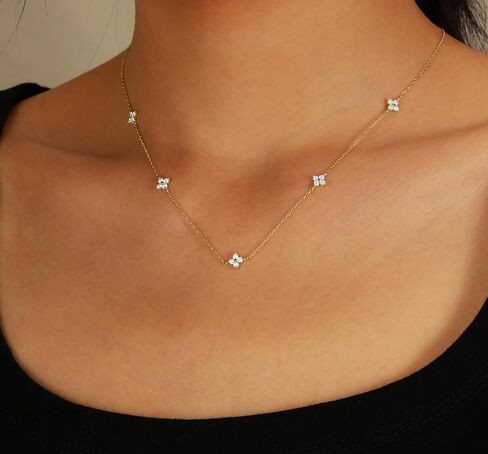 Dainty Lucky Leaf Necklace for Women 925 Sterling Silver Trendy 14K Gold Plating Cute White CZ Flowers Pendant Choker Necklaces to Daughter Mom Minimalist Stackable Chain Wedding Prom Brides Jewelry in Saudi Arabia