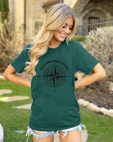 Graphic T-Shirts for Women Hiking Camping Trip Compass Printed Vintage Summer Casual Tees Holiday Workout Tops in Saudi Arabia