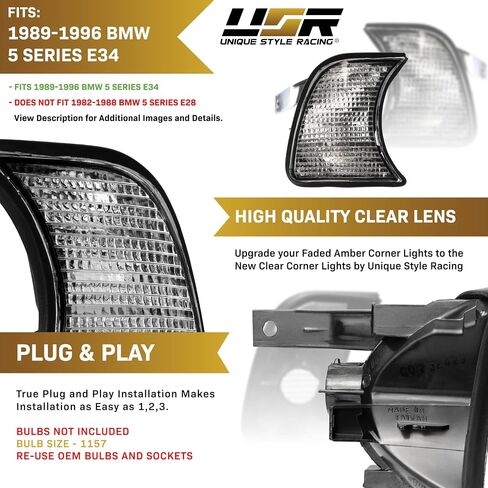 USR 89-96 E34 5-Series Corner Turn Signal Lights – Front Turn Signal Lamps (Left + Right) - Compatible with 1989-1996 BMW 5 Series E34 Sedan and Wagon All Models like 525, 530, 540 & M5 (CLEAR LENS) in Saudi Arabia