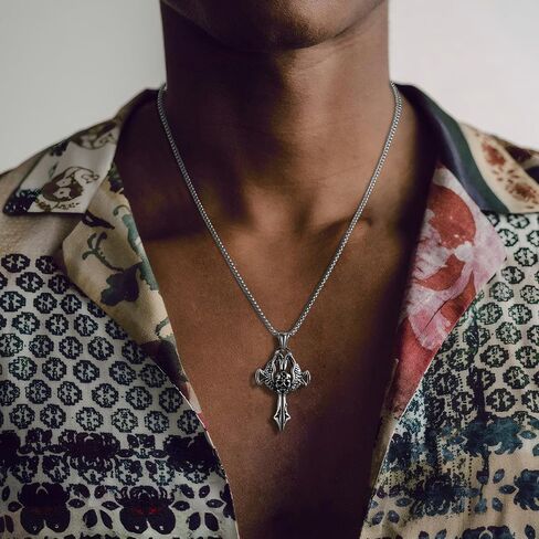 HAWSON Cross Large Necklace for Men & Women with Skull Pattern, Stainless Steel Pendant with 28 Inch Box Chain, Silver Tone Non Tarnish Waterproof Gothic Jewelry Gift for Christian in Saudi Arabia