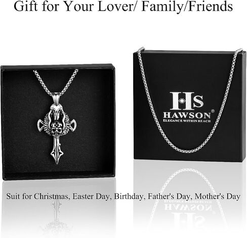 HAWSON Cross Large Necklace for Men & Women with Skull Pattern, Stainless Steel Pendant with 28 Inch Box Chain, Silver Tone Non Tarnish Waterproof Gothic Jewelry Gift for Christian in Saudi Arabia