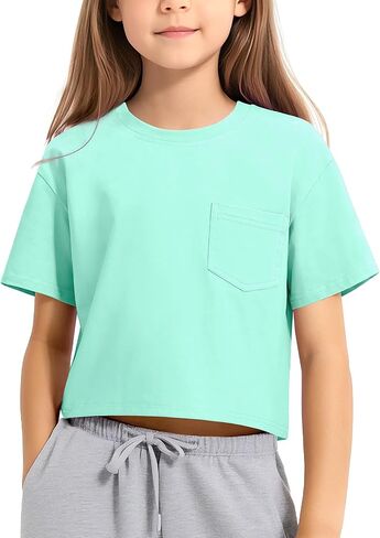 KEREDA Girls Short Sleeve Shirts Crop Tops Crewneck Summer Basic Tees for Kids with Pocket in Kuwait