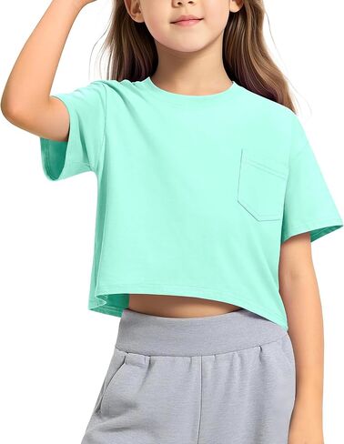 KEREDA Girls Short Sleeve Shirts Crop Tops Crewneck Summer Basic Tees for Kids with Pocket in Kuwait