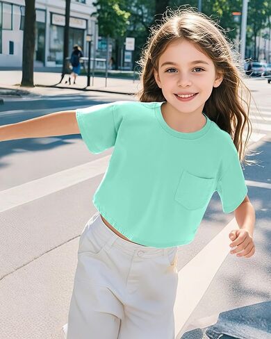 KEREDA Girls Short Sleeve Shirts Crop Tops Crewneck Summer Basic Tees for Kids with Pocket in Kuwait