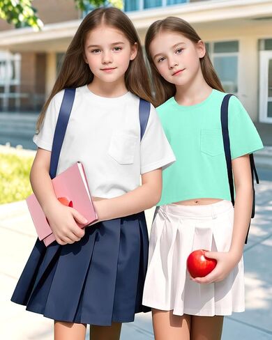 KEREDA Girls Short Sleeve Shirts Crop Tops Crewneck Summer Basic Tees for Kids with Pocket in Kuwait