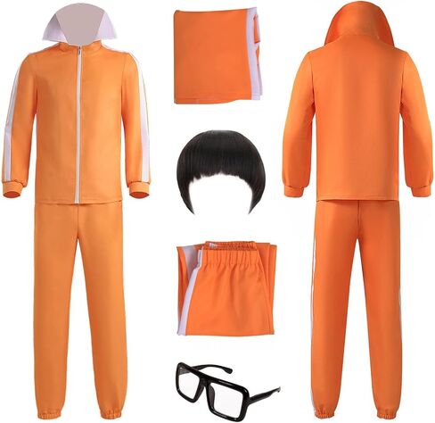 Adult Men Orange Tracksuit Uniform Sports Suit Zipper Jacket Top Sportswear with Glasses Wig in Saudi Arabia