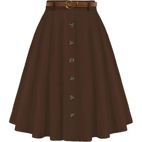 Belle Poque Women's A Line Flared Midi Skirt Vintage Stretch High Waisted Button Down Swing Skirt with Pockets and Belts