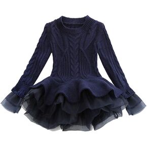 فتيات الكشكش سترة طويلة الأكمام توتو فساتين خياطة تربط قمم السياج للأطفال (Navy Blue ، 140)