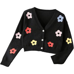 WDIRARA Girl's Floral Print V Neck Cardigan Button Front Long Sleeve Sweater Knit Top