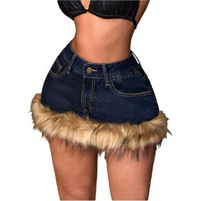 MakeMeChic Women's Y2K Mini Denim Skirt Fuzzy Short Bodycon Jean Skirks with Pocket