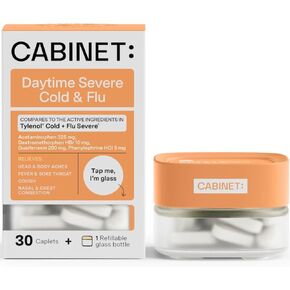Cabinet: Non-Drowsy Cold & Flu Multi-Symptom Relief for Congestion, Headache, Sore Throat, Aches, Fever (Refillable Glass Jar)