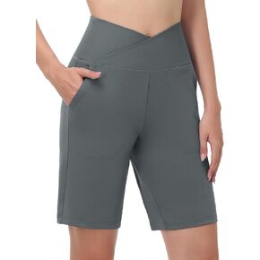 SPEXIAL Women's High Waisted Bermuda Shorts with Pockets Knee Length Stretchy Long Crossover Athletic Workout Running
