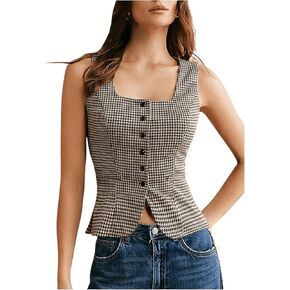 SHENHE Women's Square Neck Plaid Vest Button Up Houndstooth Dressy Business Waistcoat Suit Vest