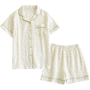 المرأة اللطيفة Pajama تعيين زر قصير الأكمام لأعلى قميص وسروال شورت 2 قطعة القطن PJ