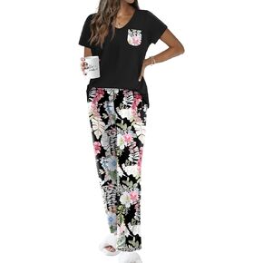 Ekouaer Pajamas for Women Set Short Sleeve Pjs and Long Floral Print Pants Soft Sleepwear Casual Lounge Sets S-XXL