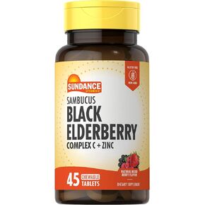 Sundance Sambucus Black Elderberry Complex | with Vitamin C and Zinc | 45 Chewable Tablets | Natural Berry Flavor | Vegetarian, Non-GMO, and Gluten Free Supplement