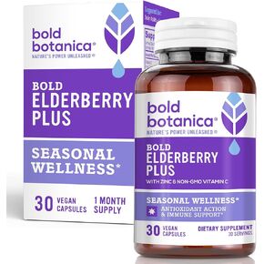 Elderberry Plus - 65x Concentrated Black Elderberry Extract with Zinc & Vitamin C for Daily Immune Support & Seasonal Wellness - Non-GMO, 30 Vegan Capsules
