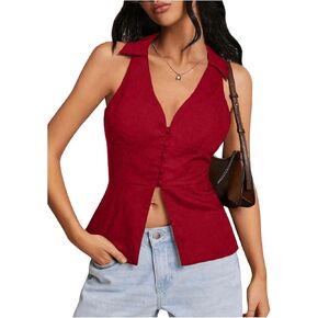 SHENHE Women's V Neck Button Down Sleeveless Blouse Slit Collared Shirt Elegant Vest Top