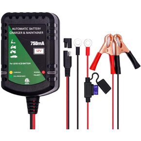 12 Volt Battery Charger 750mA Automatic Battery maintainer trickle Battery Charger Smart Float Charger for Automotive car Motorcycle Lawn Mower Boat ATV Sealed Lead Acid Batteries