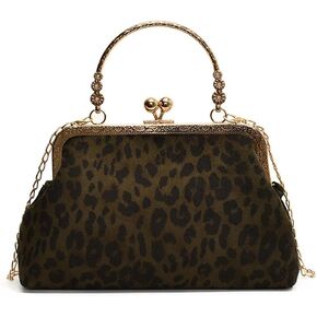 Small Leopard Suede Evening Clutch Purse with Chain Cheetah Print Kiss Lock Evening Tote Handbag and Purse Clutch Bag