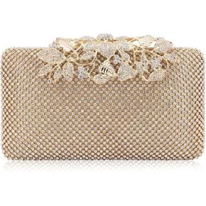 Dexmay Rhinestone Crystal Clutch Evening Bag with Flower Clasp Women Purse for Wedding Gold