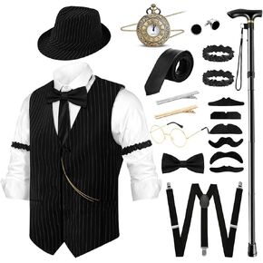 Vintage 18PCS Mens 1920s Striped Gatsby Custome Outfits Vest and Hat Accessories for Roring 20's Themed Party
