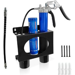Grease Gun Holder - Wall Mount Grease Gun Rack - Mounted Storage Organizer for Grease Gun Accessories - 12" Hose Included