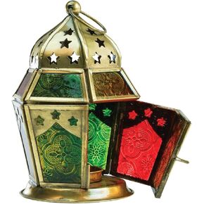 In the Breeze 9204 — Pink & Yellow Mini Hex Tealight Lantern — Moroccan-Style Boho Chic Tealight Glass and Metal Tabletop Lantern