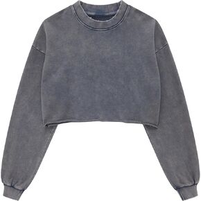 Hixiaohe Womens Cropped Sweatshirts Vintage Long Sleeve Pullover Tops Acid Wash Sweatshirt Hoodies for Women Workout Crop Top