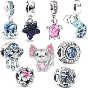 9 Pack Silver Bead Charms for Pandora Bracelets and Necklaces Charm for Woman， Dangle Pendant Beads Set