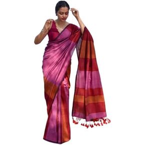 Women's Designer Striped Indian Handloom Ethnic Cotton Saree With Tassels Unstitched Blouse Piece