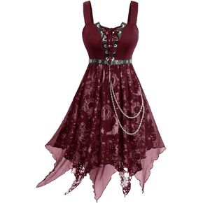 Rosegal Women Plus Size Sun Moon Star Goth Dress Chains Lace-up Grommet Sleeveless Midi Dress