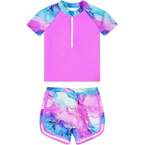 7-12 Years Girls Rash Guard Swimsuits 2 Piece Zipper Bathing Suit Set Kids Short Sleeve Swimwear with Sports Shorts