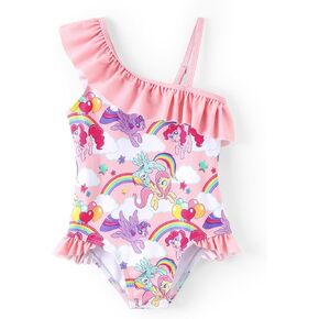 My Little Pony One Piece Swimsuit Pony Print Off-Shoulder Ruffle Summer Swimwear Beach Pool Kids one‑Piece Pink 2‑9 Years