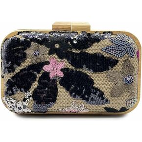 Women Embroidered Sequin Flower Evening Bag Glitter Beaded Handbag Straw Woven Clutch Purse with Chain for Party