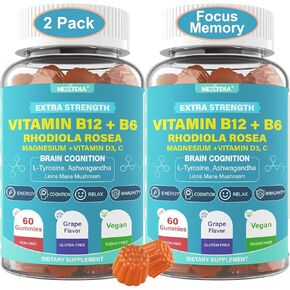 Focus Memory & Energy Gummies, L-Tyrosine + Methyl B12 1000mcg, B6 50mg, D3 C, Lion's Mane Mushroom, for 15+ Students, Office Worker, Multivitamin, Herb Blend for Seniors Brain & Cognition, Sugar Free