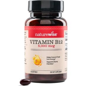 NatureWise Vitamin B12 5000 mcg - Extra Strength - Supplement for Supporting Energy Levels, Mental Clarity, Nervous System Health - Easy-to-Swallow, Soy and Gluten-Free, Non-GMO - 60 Softgels