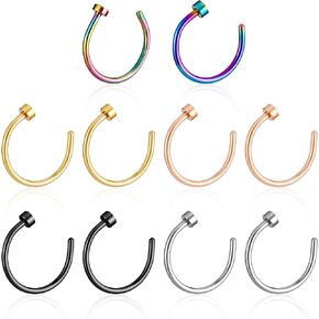 10PCS Nose Rings Hoop, 20G Stainless Steel Fake Nose Hoop Rings Nose Piercing Jewelry Faux Septum Nose Ring Fake Clip On Nose Ring for Women Men