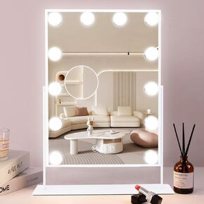 Cooljeen Makeup Mirror Vanity Mirror مع الأضواء - 12 مصابيح LED مضاءة هوليوود مرآة ، التكبير 10x ، 3 أوضاع ملونة ، التحكم في اللمس ، هدية النساء (أبيض)