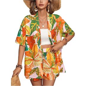 SOLY HUX Women's Summer 2 Piece Outfits Tropical Print Open Front Half Sleeve Kimono and Shorts Set in Kuwait