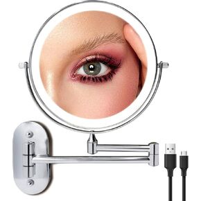 Rechargeable Wall Mounted Makeup Mirror - 8 Inch Double Sided 1X/10X Magnifying Mirror with 3 Color Lights Dimmable Touch Screen, 360°Swivel 19.6 Inch Extendable Accordion Bathroom Mirror - Chrome
