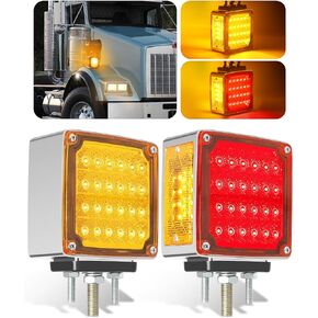 2PCS Amber/Red Square Double Face 60 LED Turn Signal Lights with 3 Stud Mount - Waterproof Pedestal Fender Lights for Heavy Truck Trailer Freightliner Peterbilt Kenworth Mack Western Star