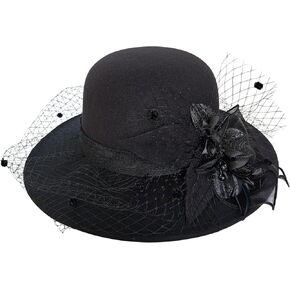 Woolen Fedora Hats for Women, Classic Flower Wide Brim Bowler Felt Top Hat with Veil Winter Church Derby Party Cap