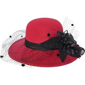 Woolen Fedora Hats for Women, Classic Flower Wide Brim Bowler Felt Top Hat with Veil Winter Church Derby Party Cap in Saudi Arabia