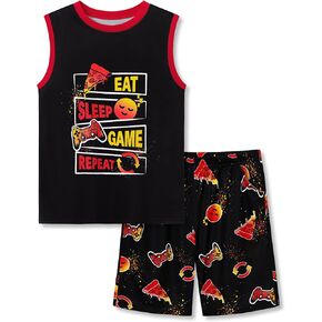 Tebbis Boys Summer Pajama Set - Gamer Graphic Tank Top & Shorts Soft 2-Piece Sleepwear Vibrant Yellow PJs Sizes 6-18