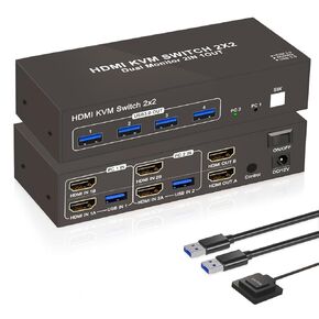 HDMI KVM Switch 2 شاشات 2 جهاز كمبيوتر، شاشة مزدوجة HDMI 2 منافذ USB 3.0 4 منافذ KVM Switcher 4K 60 هرتز HDMI Switches 2 جهاز كمبيوتر أو 2 كمبيوتر محمول مشاركة مجموعة واحدة من طابعة وماوس لوحة المفاتيح والماسح الضوئي