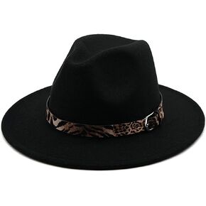 Erioctry Mens Fashion Wool Blend Fedora Hat Wide Brim Flat Church Derby Cap with Leopard Band Jazz Hat Panama Hat for Wedding Party Talent Show Performance