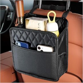 Car Seat Back Organizer, Large Capacity Foldable Car Seat Back Hanging Bag with 3 Extra Pockets, Waterproof Leather Car Seat Storage Organizer, Car Travel Essentials Accessories (Black)