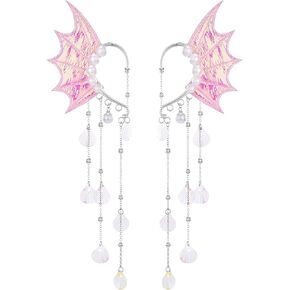 FRESHME Mermaid Fairy Ear Cuffs - Pink Elf Ear Cuffs No Piercing Elven Ear Climbers with Colorful Bead Tassel and Pearl Auricular Fins Earring Renaissance Renfaire Cosplay Mermaid Costume Accessories